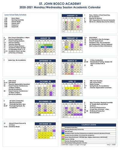 2020 - 2021 Academic Calendars | St. John Bosco Academy